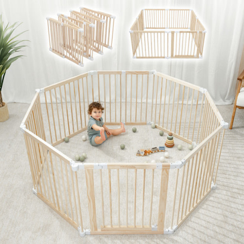 Baby Gate Playpen - Foldable with Child-Proof Lock - Natural Wood