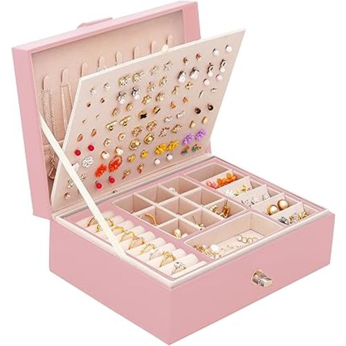 Girls Jewelry Box Earring Holder Organizer for Girls Earring Organizer Teen Jewelry Box Organizer for Girls Pink jewelry Boxes for Earrings Necklaces Rings Stud Earrings Box Organizers Teens