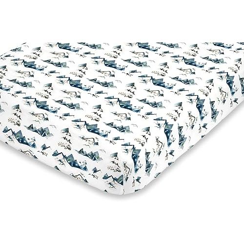 NoJo Super Soft Blue, Green, Tan & White Mountain Watercolor Fitted Mini Crib Sheet, Blue, Green, Tan, White