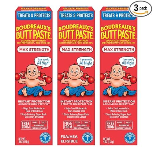 Boudreaux’s Butt Paste Max Strength Diaper Rash Cream for Baby, Ointment With Zinc Oxide, 4 oz Tubes, 3 Pack