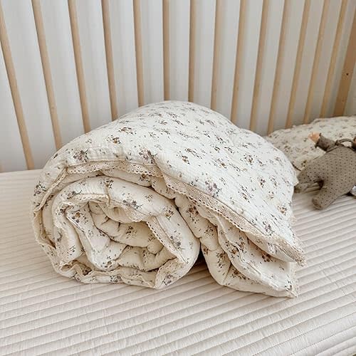 BuLuTu Muslin Baby Quilt for Girls Boys Quilted Blanket 2 Layers Gauze Cotton Baby Blanket Nursery Bed Blanket Shower Gift for Toddler Newborn, Crapemyrtle Pattern, 47"x59"