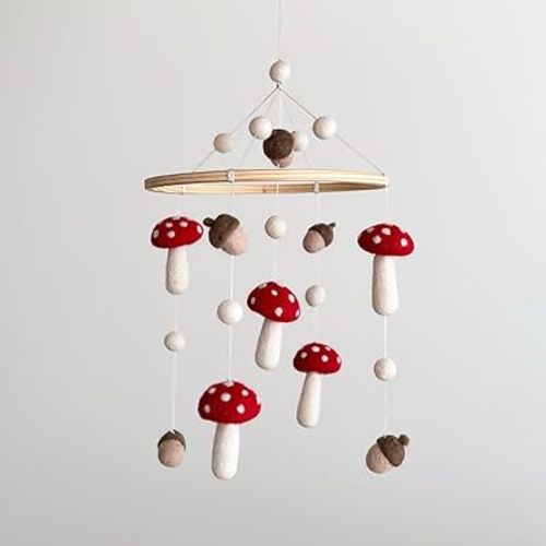 Handmade Felt Woodland Mushroom Acorn Baby Mobile for Nursery, Crib Hanging Decor, Boho Natural Wool & Wood, Gender Neutral Shower Gift, Fair Trade Nepal