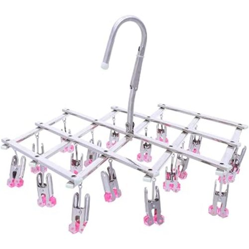 Drying Hanger, Hanging Drying Rack, Drip Hanger Stainless Steel with 18 Pegs for Laundry Underwear Socks, Quickly Remove Clothes from Hanger, Windproof, Folding Portable, (Red)