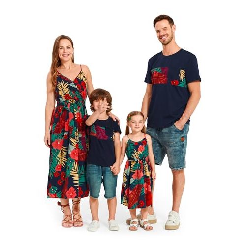 PATPAT Family Matching Outfits Mommy and Me Dresses Hawaiian Tropical Vacation Beach Spaghetti Strap Dress and Shirt