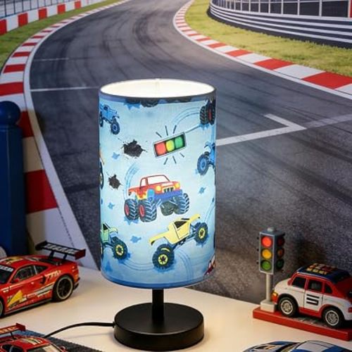 Monster Truck Room Decor Car Lamp 3 Colors Nightstand Light, Round Base Flaxen Fabric Desk Lamp for Kids Room, Racing Car Gift for Boys (LED Bulb Included)
