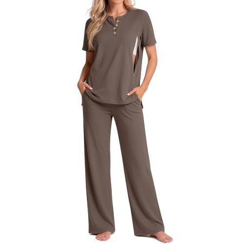 2 Piece Maternity Nursing Set Postpartum Breastfeeding Short Sleeve Zipper Shirts Wide Leg Pants Pregnancy Clothes