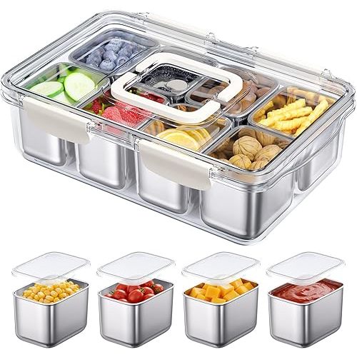 Snackle Box Container, 304 Stainless Steel Divided Serving Tray with Lid and Handle, Portable 8 Compartments Veggie Tray for Fruits,Veggies,Nuts &Candy, Dishwasher Safe for Travel,Picnic,Beach&Parties