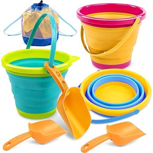 3 Packs Foldable Pail Bucket with Shovels & Mesh Bag, Collapsible Buckets beach