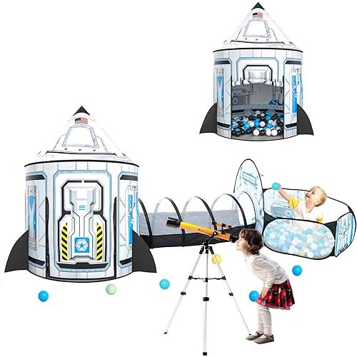3pc Kids Play Tent for Girls with Ball Pit, Crawl Tunnel, Princess Tents for Toddlers, Baby Space World Playhouse Toys (3PC White Rocket Play Tent)