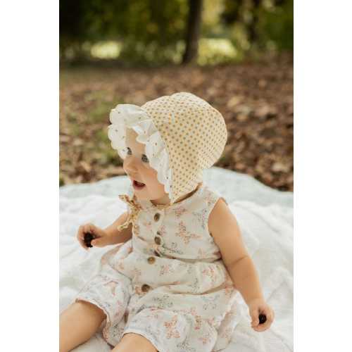 Baby Cotton Ruffled Bonnet, Toddler Sunbonnet, Cottage Core Baby Bonnet, Baby Girl Bonnet, Little Girl Sunhat, Yellow Lace Polka Dot