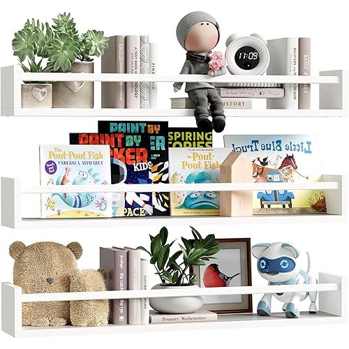 Fixwal Nursery Book Shelves, 23.6 Inch Floating Bookshelf for Wall, Set of 3, Nursery Decor, Solid Wood Wall Mounted Shelves for Books, Toys and Decor Storage (White)