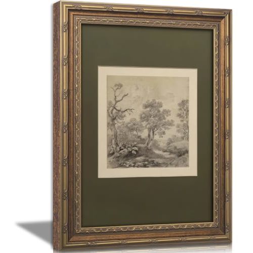 Vintage Gold Framed Wall Art Tree Forest Landscape Painting Canvas Prints Green Gray Tree Natural Sketch Picture Rustic Farmhouse Poster Artwork for Living Room Bedroom Bathroom, 9x11in