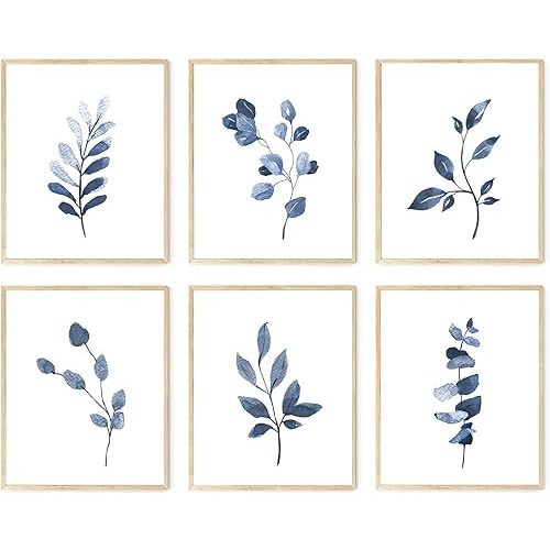 Navy Blue Botanical Art Set of 6, Minimalist Abstract Prints Watercolor Blue White Leaf Plant Wall Decor Canvas Painting, Boho Floral Wall Decor for Bedroom, Living