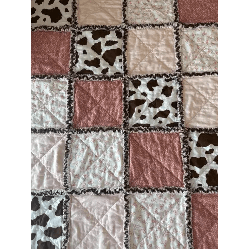 Handmade Pink Cow Print Rag Quilt | Western Baby Blanket