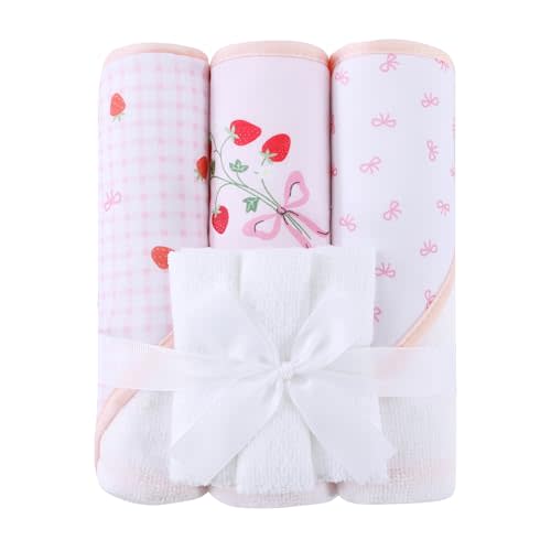 Baby Towel with Hood for Girls Strawberry Bath Towel for Babies Ultra Soft Absorbent 3 PCS Baby Towels and 3 PCS Washcloths for Newborn Essentials
