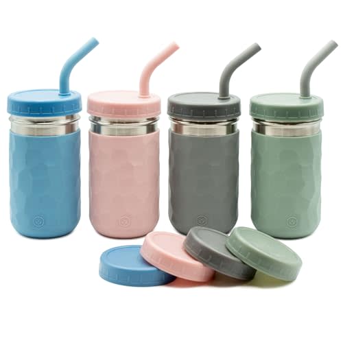 WeeSprout 2-in-1 Drinking Cups for Kids, Durable Stainless Steel Tumbler for Smoothies, Silicone Straws with Stoppers, Premium Plastic Twist Lids, Easy-Grip Sleeves, Set of 4 Dishwasher Safe Kid Cups