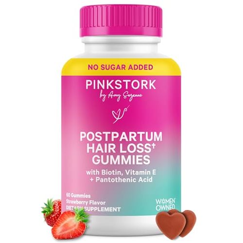 Pink Stork Postpartum Hair Loss Gummies | Biotin, Pantothenic Acid, Vitamin E, B6, B12 | Postnatal Hair Growth + Regrowth Support | Breastfeeding-Friendly | Postpartum Essentials | 60 Gummies
