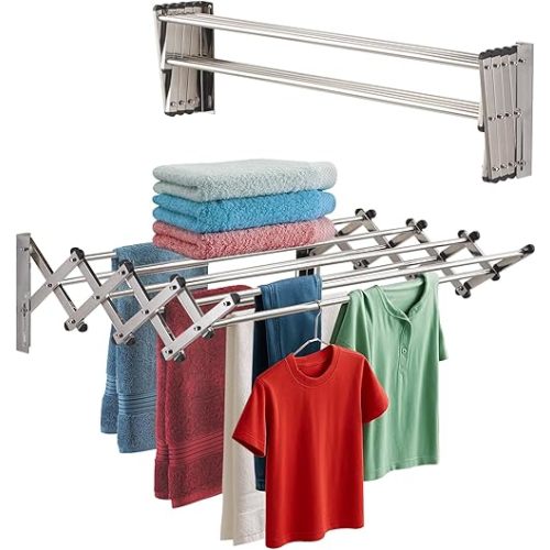 Smartsome | Wall Mounted | Clothes Drying Rack | 34" Wide | 22.5 Linear Feet Capacity | 8 Smooth Round Stainless Steel Rods | 60 lb Capacity | Fully Assembled | Compact Sturdy Space-Saving Design
