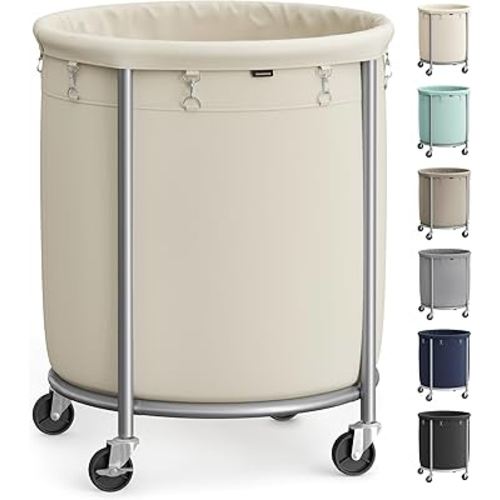 SONGMICS 50.2-Gallon (190 L) Laundry Basket with Wheels, Rolling Round Heavy-Duty Laundry Hamper Cart with Steel Frame and Removable Bag, 2 Locking Wheels, Cream White and Metallic Silver URLS01MZ