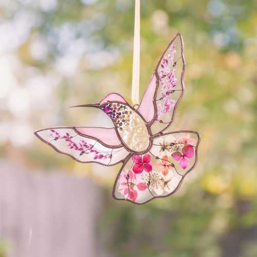 Hummingbird Stained Glass Suncatcher Gifts for Mom Pressed Flower Art Custom Stained Glass Hummingbird Unique Decor Hummingbird Feeder