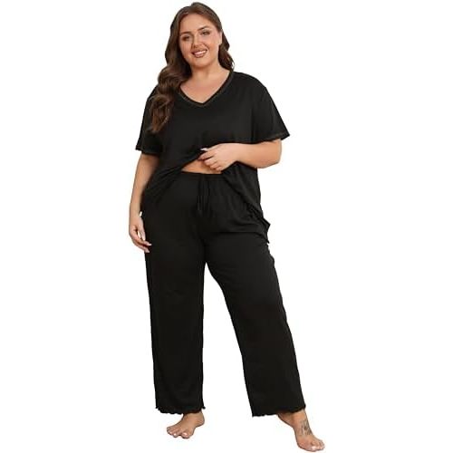 Vozanet Women's Plus Size Pajama Sets Short Sleeve Long Pants Solid Color with Piping Trim Elegant Loungewear Cozy Sleepwear