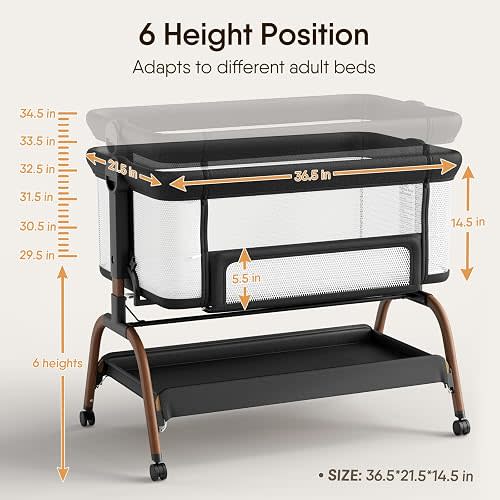 Baby Bassinet Bedside Crib, 3-in-1 Baby Bassinet Bedside Sleeper with Mattress and Soft, Breathable Sheet, Full-Mesh Sides, 6-Height Adjustable, Stable and Secure Crib for Newborns
Color: Wood Grain Legs + Black Bed
