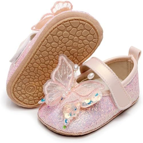 Clowora Infant Toddler Baby Girl Dress Shoes Mary Jane First Walking PU Leather Princess Wedding Rubber Sole Non-Slip with Bowknot Floral Flats