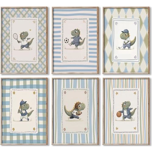 6Pcs Dinosaur Nursery Wall Art Vintage Sports Nursery Canvas Wall Decor Cute Cartoon Dino Painting Picture Watercolor Dino Poster Pints Artwork for Kids' Room Playroom Boy Room 8x10Inch Unframed