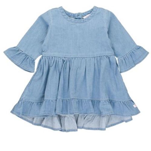 RuffleButts Baby Girls High Low Ruffle Tunic - Light Wash Denim, 6-12m