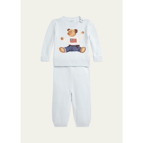 Boy's Flag Bear Intarsia Knit Sweater and Pants Set, Size 3M-24M