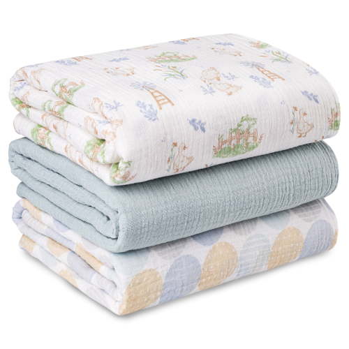 Gllquen Baby 3-Pack Muslin Organic Cotton Swaddle Blankets for Newborn Infant Boys Girls 38"x40", Farm Holidays