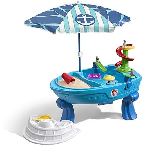 Step2 Fiesta Cruise Sand & Water Table with Umbrella, Kids Activity Sensory Playset, Summer Outdoor Toys, 10 Piece Water Toy Accessories, for Toddlers 2+ Years Old