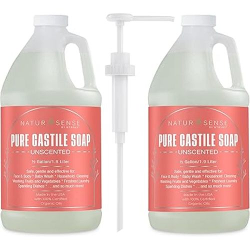 NTRSNS NaturSense Pure Castile Soap. Unscented, Made with 100% Certified Organic Oils, Gentle Personal & Baby Wash, Safe & Effective Household Cleaning - 1 Gallon total w/pump, 64oz x 2 Bottles