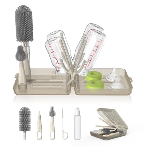 YOTIME Travel Bottle Brush Set, Auto-Open Rack & Vertical Brushs Drying Slots, 3 Brushes, Foldable Drying Rack, Dispenser, Travel Baby Essentials for On-The-Go Parents, Coffee