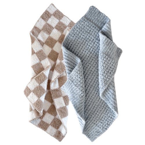 2-Pack Phufy® Bliss Mini Blanket, Baby Blue Waffle/Cocoa Checkerboard