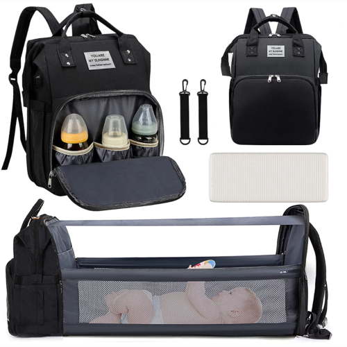 Baby Diaper Bag Backpack, Large Capacity Waterproof Travel Backpack with Insulated Milk Bottle Pocket and Foldable Crib, Multifunctional Baby Diaper Bag with Changing Station （Black）