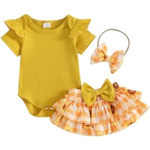 Adobabirl Baby Girl Summer Clothes Short Sleeve Ribbed Romper Ruffle Layered Bloomers Shorts Headband Boutique Clothing