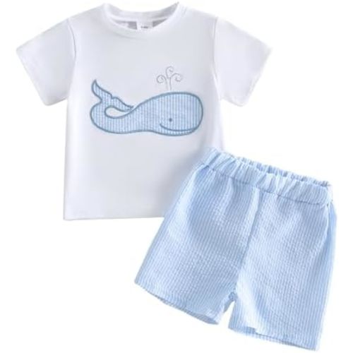 VISGOGO Toddler Baby Boy Clothes Summer Whale Embroidery Short Sleeve T-Shirts and Stripe Shorts 2Pcs Outfits Set