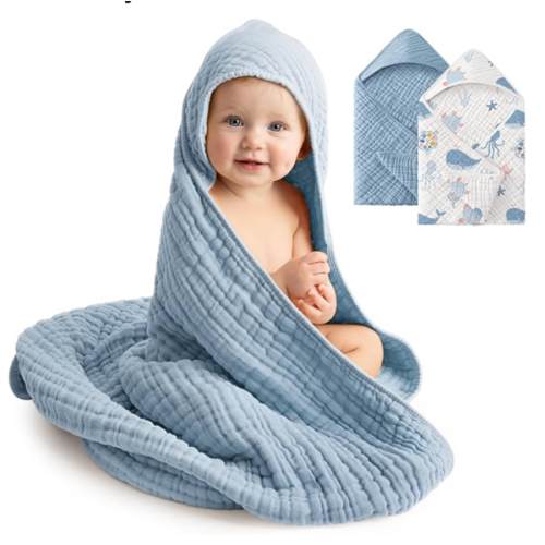 Baby Bath Towels, 100% Muslin Cotton Hooded Baby Towels for Newborn, 2 Pack Baby Towels with Hood for Infant Toddler and Kids, Large 32x32Inch Unisex Bath Essentials, Soft and Absorbent