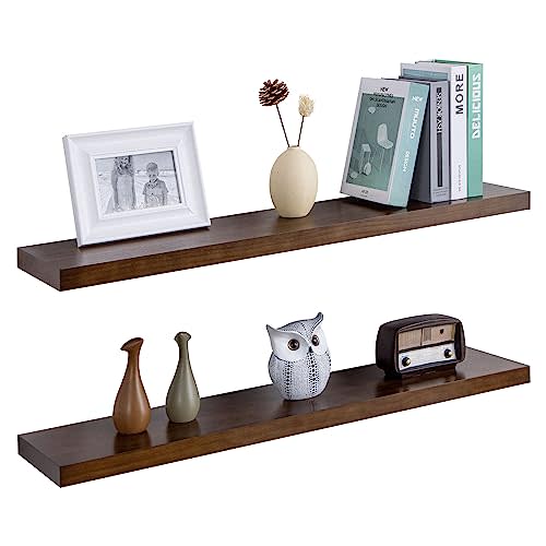 Floating Shelves 36 Inches Long - 8 Inch Deep Rustic Solid Pine Wood for Storage - Farmhouse Wall Mounted for Living Room - Heavy-Duty Metal Bracket - 36" W x 8" D - Set of 2 - American Walnut Color