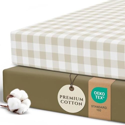 Pobi Baby Crib Sheets for Boys, Soft Cotton Blend, 2-Pack (Gingham Khaki)