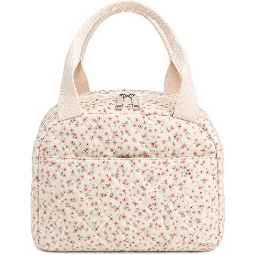 Lunch Box For Women, Cute Insulated Lunch Bag, Aesthetic Reusable Floral Lunch Tote Bags Leakproof, Big Portable Quilted Puffer Cooler Lunchbox With Zipper For Adult Work Office Travel Picnic