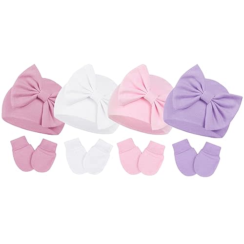Century Star Newborn Baby Girl Hats and Mittens Set, Hospital Hat, Bow Beanie Infant Gift, Soft Cotton Gloves for 0-6 Months