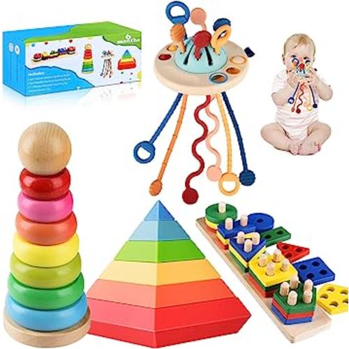 EFOSHM 4 in 1 Montessori Toys for Babies, Baby Toys 6 to 12 Months, Stacking Building Blocks & Pull String Baby Teething Toys 3-6-9-12 M+,Toddler Sensory Toys Ages 1-2, Toddler Learning Toys