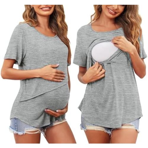 Ekouaer Women Short Sleeve Nursing Shirts Soft Maternity Tops Double Layer Breastfeeding Blouse Round Neck Pregnancy Clothes