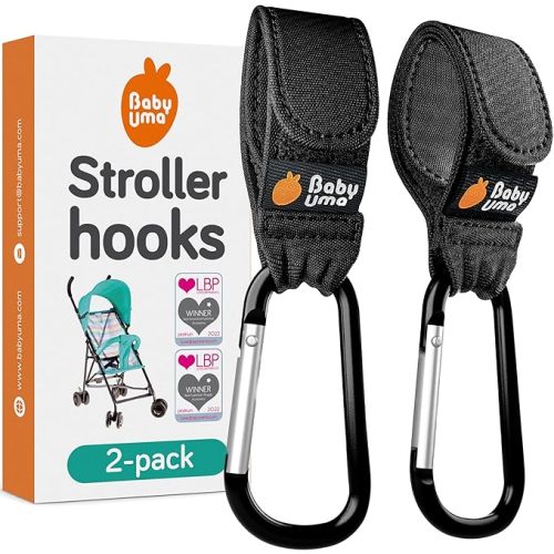 Baby Uma Stroller Hooks for Hanging Bags (2-Pack) - Universal Stroller Caddy Clips, Carry 5 kg per Mommy Clip, Carabiner Large, Baby Travel Essentials, New Mom Essentials, Wheelchair Accessories