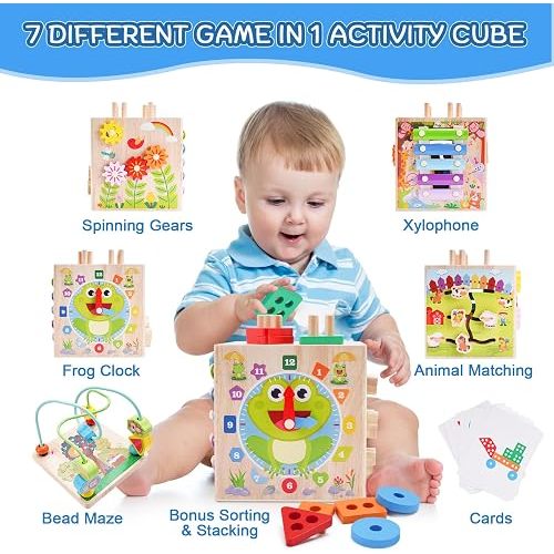 KMTJT Montessori Toys Wooden Activity Cube