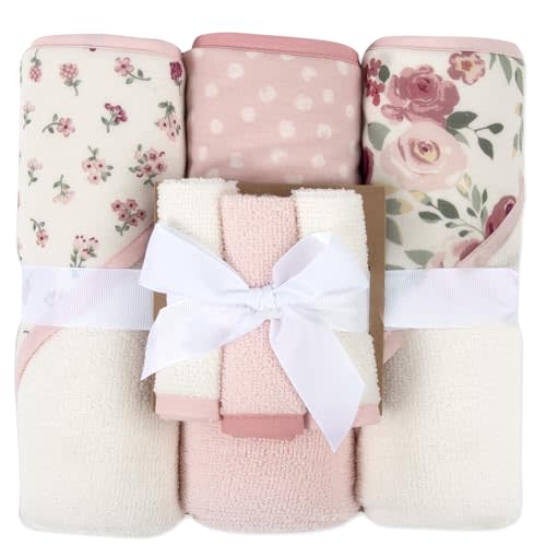 Hooded Baby Bath Towel and Washcloth 6 Piece Set for Newborns, Infants & Toddlers, Boys & Girls Baby Hooded Towels Set (Roses & Blossoms)