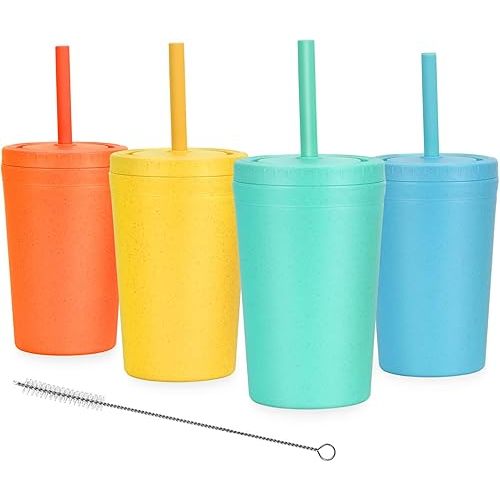 Homestockplus Reusable Wheat Straw Cups with Lids and Silicone Straws, 10 Oz Chip Resistant E-Co Friendly Small Water Cups for Milk, Drinks, Smoothies - 4 Colors
