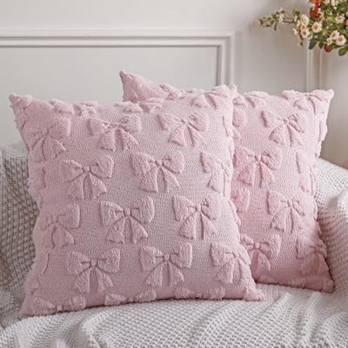 Mixweer Pink Bow Pillow Covers Set of 2 Preppy Room Decor Coquette Cute Spring Summer Decorative Faux Fur Soft Bowknot Stuff Fluffy Plush Aesthetic Pillowcase for Bed Sofa Couch (20 x 20 Inch)